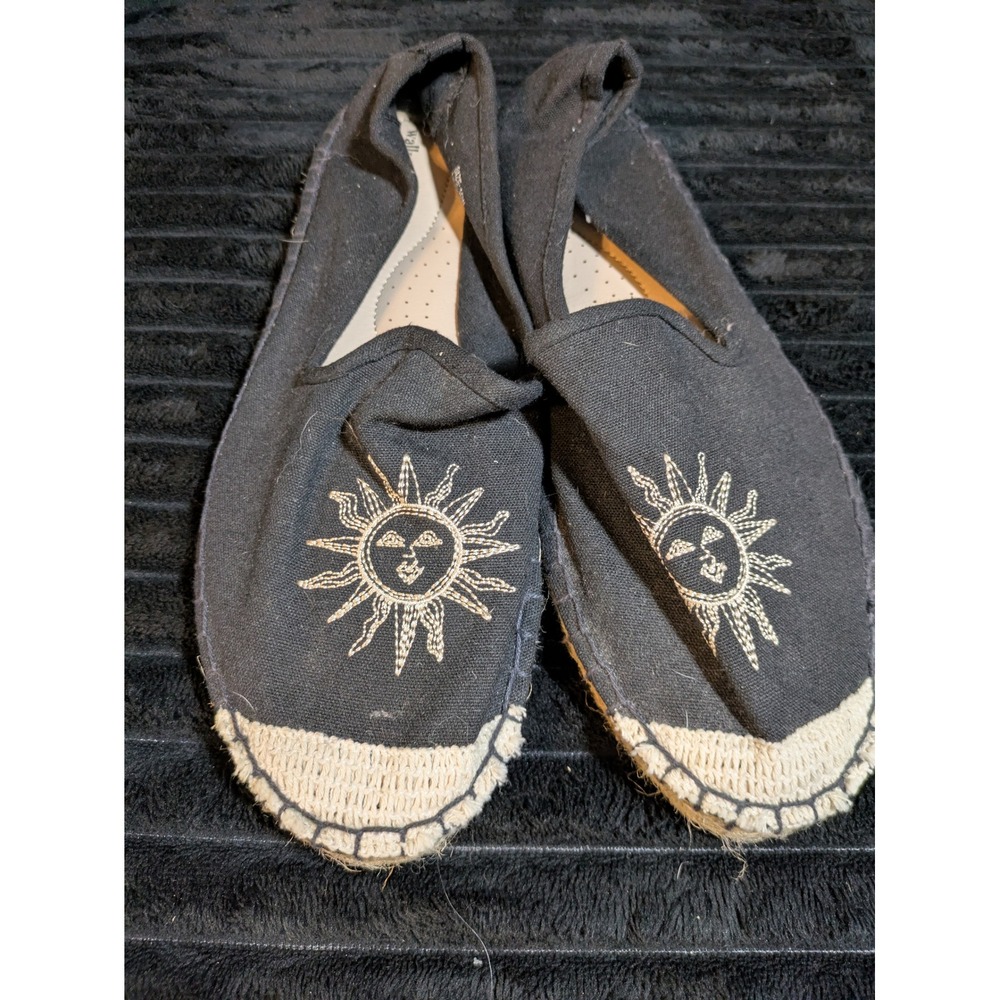 Sun Face Embroidered Canvas Espadrille Flats Black Cotton Slip On Shoes 10W